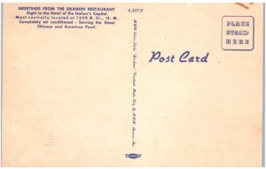 WASHINGTON, DC ~ THE DRAGON Chinese Restaurant c1940s Roadside Linen Postcard