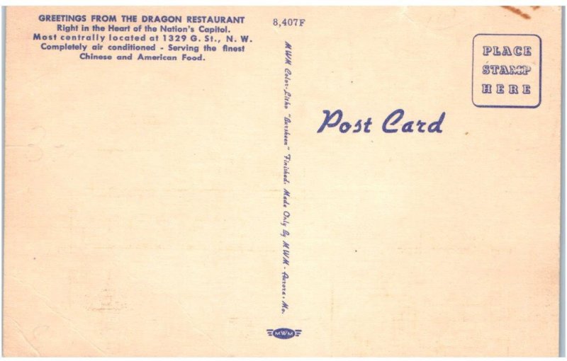 WASHINGTON, DC ~ THE DRAGON Chinese Restaurant c1940s Roadside Linen Postcard