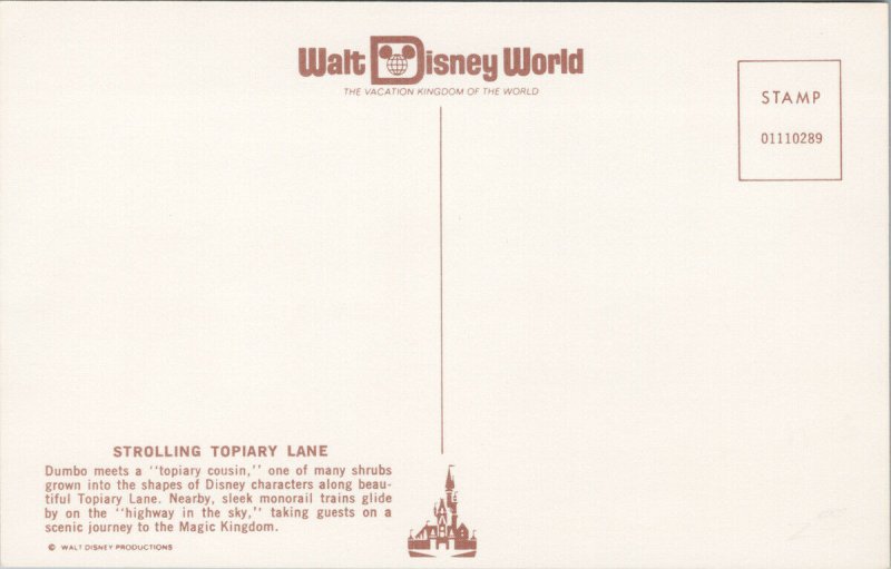 Walt Disney World Strolling Topiary Lane Dumbo Florida FL Unused Postcard F85