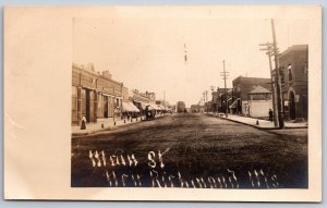 New Richmond WI Dirt Main St~Restaurant~Shelter?~Barber Pole~Bridge~RPPC c1910