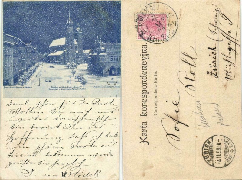 poland, KRAKOW CRACOW, Square, St. Mary's Basilica, Snow Scene (1899) Postcard