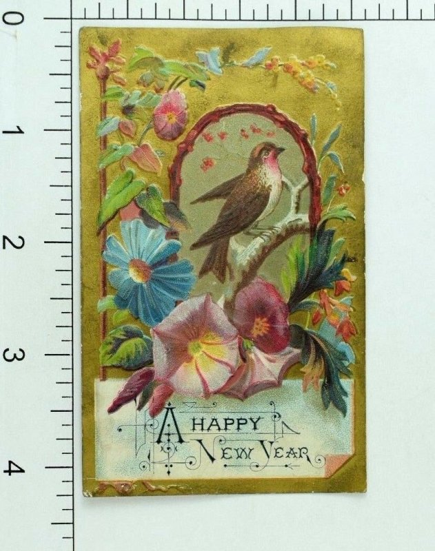 Stunning Embossed 1870's Victorian New Year's Card Morning Glory Bird P80