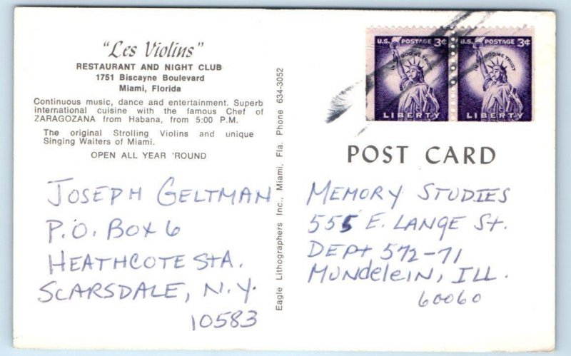 MIAMI, FL Florida ~ Roadside LES VIOLINS  Restaurant c1960s Postcard