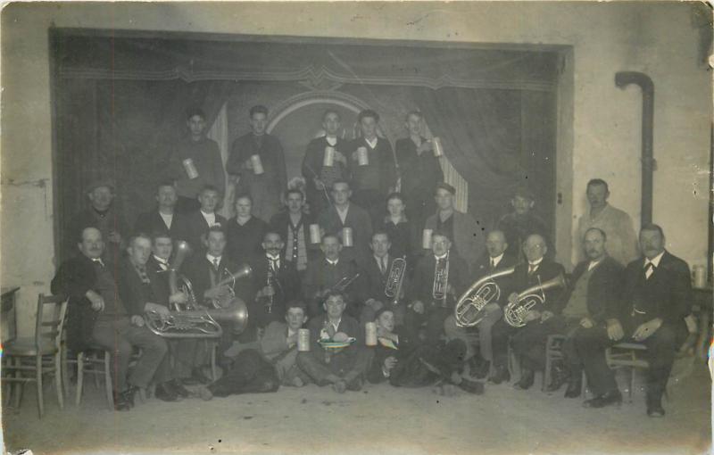 Old photo postcard dated 1929 music band to identify instruments cheers beer 