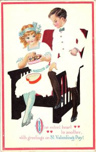 Valentine's Day Wishes Children with Candy Box Vintage Lithograph Postcard