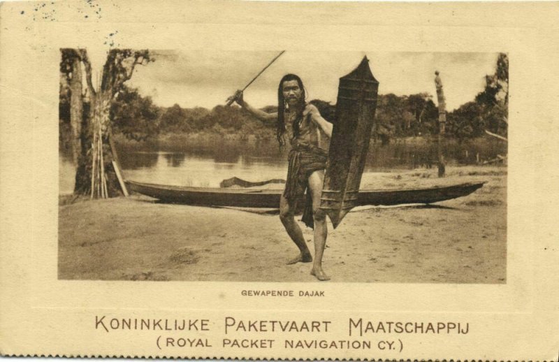 indonesia, BORNEO KALIMANTAN, Armed Dayak Warrior Shield (1916) KPM Postcard (1)