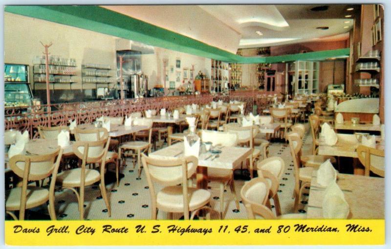 MERIDIAN Mississippi MS  Interior DAVIS GRILL Open All Night Roadside Postcard