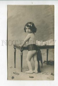 427305 NUDE Child CURLY Kid near Coffee table Vintage PHOTO PC