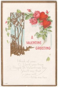 A Valentine Greeting, Rhyme, Red Roses, Hearts, Vintage Postcard #1, V-147