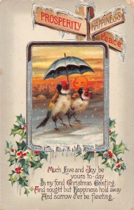 A052 New Year 1914 Two Birds under Umbrella sunset mistletoe signs poem postcard