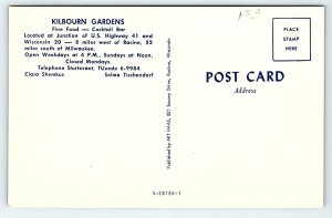 c1964 RACINE WISCONSIN KILBOURN GARDENS US-41 FINE FOOD COCKTAILS POSTCARD P3000