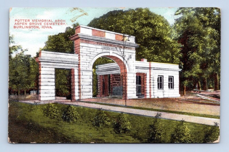 Potter Memorial Arch Aspen Grove Cemetery Burlington Iowa IA DB Postcard Q6