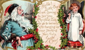 C. 1910 Blue Coat Santa Claus Telephone Girl Christmas Vintage Postcard P219