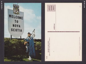 Postcard, Canada, Welcome to Nova Scotia Man in Scottish Tartan playing Bagpipes