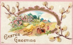 Vintage Postcard Easter Greetings Chicks Landscape Holiday Special Wishes Card