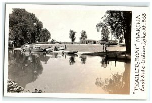 1950s Lake Indian Ohio Postcard Trailer Boat Marina Logan Station Wagons Rppc