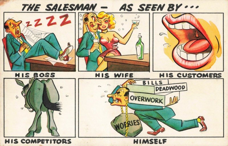 Postcard Comic Laff Card The Salesman As Seen By