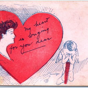 1907 UDB Illustrated Valentine Heart Longing For You Postcard Stein Cupid A184