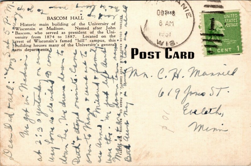 Vtg 1950s Bascom Hall University Of Wisconsin Madison WI Linen Postcard