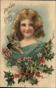 Christmas Pretty Little Blonde Girl with Kitten Kitty Cat c1910 Vintage Postcard