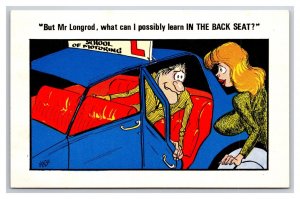 Comic Risqué Woman Takes Driving Test From Back Seat UNP Chrome Postcard L19
