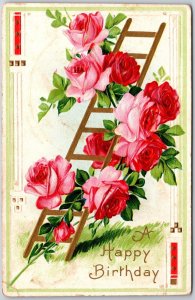 A Happy Birthday Pink Roses And Ladder Greetings Postcard 