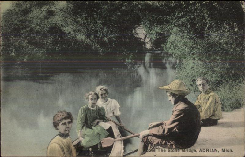 Adrian MI Boating Stone Bridge c1910 Postcard