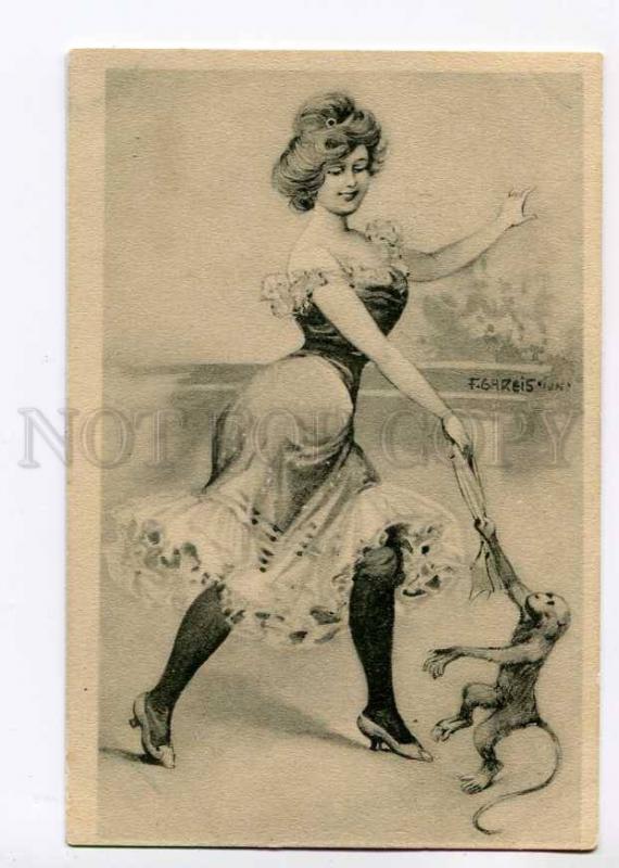 264154 CIRCUS Dancer & MONKEY by GAREIS Vintage postcard