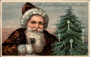 Christmas Santa Claus Brown Coat Embossed PFB c1900-20s Vintage Postcard