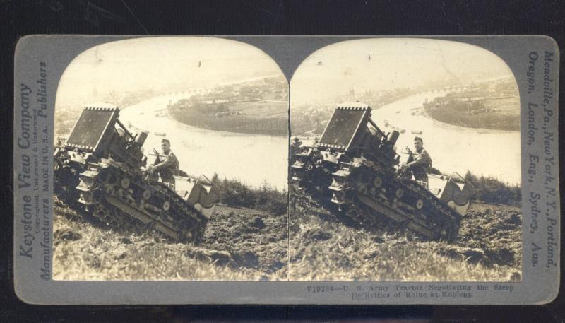 REAL PHOTO WWI BATTLE ACTION US ARMY TRACTOR COBLENZ GERMANY STEREOVIEW CARD