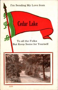 Postcard Pennant Flag Sending My Love From Cedar Lake, Michigan