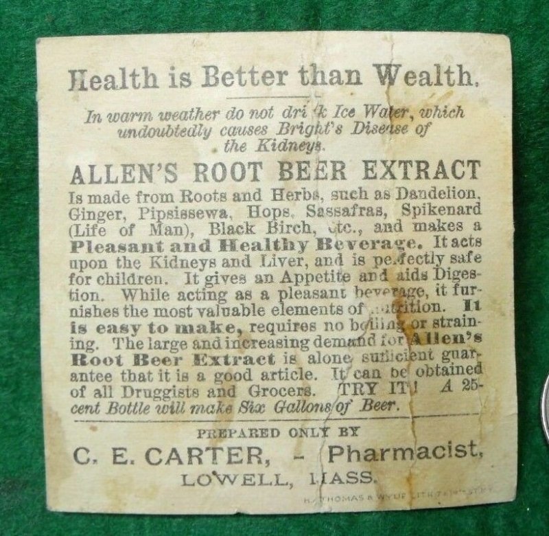 Victorian Trade Card Allen's Root Beer Extract, Dandelion Ginger Pipsissewa Y2
