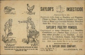 Allentown PA AR Saylor Drug Co Poultry Powder & Insecticide c1905 Postcard