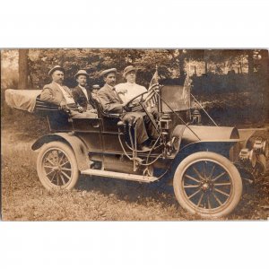 Original Antique RPPC Postcard - American Flags - Men in Early Automobile