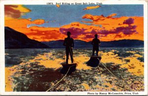 Linen Postcard Surf Riding on Great Salt Lake, Utah, Surfing at Sunset Sunrise