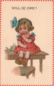 Vintage Postcard 1910's Will He Come? Cute Little Girl Sitting on Table Artwork