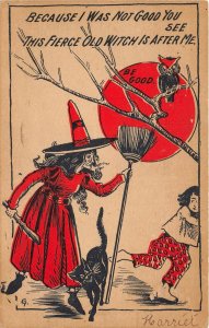 Lot220 comic postcard old witch with broom children uk fantasy comic horror