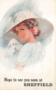 GLAMOUR WOMAN LARGE HAT SHEFFIELD ENGLAND UK POSTCARD (c. 1910)