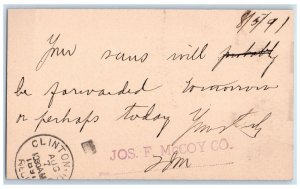 1891 Jos F McCoy Co. Saw Order New York City NY Clinton IA Postal Card