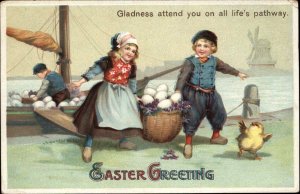 Easter Dutch Children Boy and Girl Egg Basket Boat Port c1910 Vintage Postcard