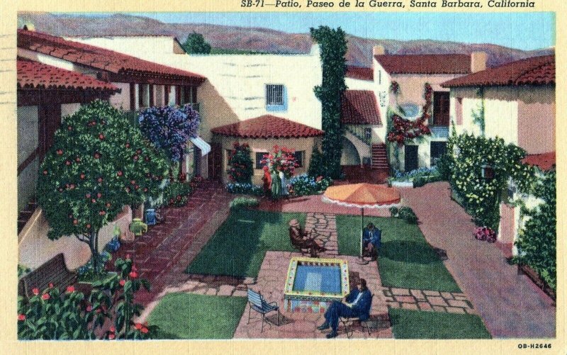 VTG 1940s Patio Passeo De La Guerra Santa Barbara California CA Linen Postcard