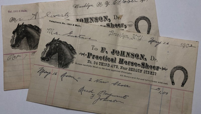 1900s Lot of 2 Dr. F. Johnson Practical HORSE SHOER Brooklyn NEW YORK Billhead