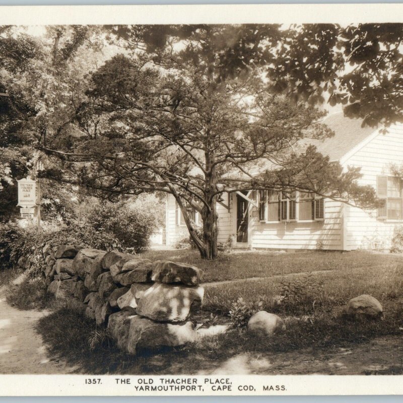 c1930s Yarmouthport, Cape Cod, MA RPPC Old Thacher Place House Stone Wall A186