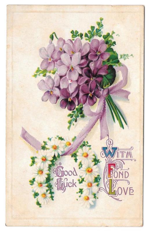 Good Luck With Fond Love Postcard Violets Daisy Horseshoe