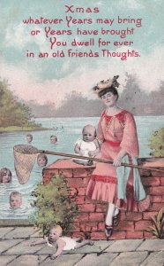 Fishing Net Multi Babies Antique Postcard