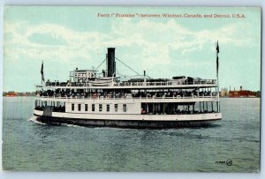 c1910 Ferry Promise Sailing Between Windsor Canada Detroit USA Michigan Postcard