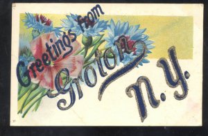 GREETINGS FROM GROTON NEW YORK BLUE PINK FLOWERS VINTAGE POSTCARD NY