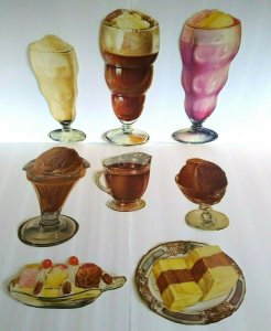 Chocolate Malt Hot Fudge Ice Cream Sundae Paper Signs Vintage 1950s Lot Of 8