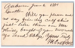 1881 M. Crafts & Co. Auburn Maine ME Boston Massachusetts MA Postal Card