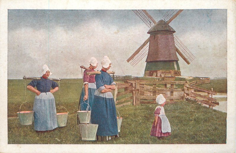Dutch folk types and mill scenic postcard Netherlands